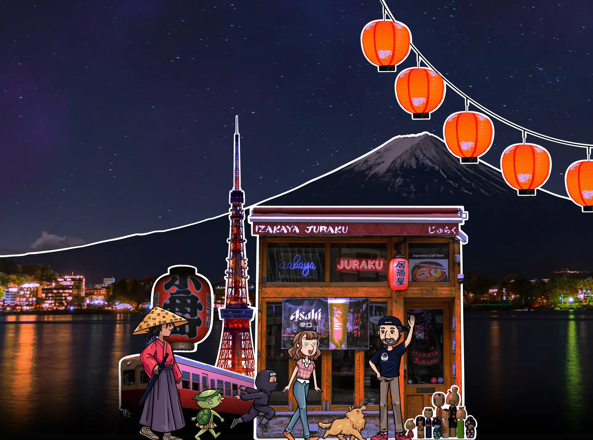 Izakaya Juraku's storefront at night, drawn beneath Mount Fuji and Tokyo Tower with paper lanterns strung overhead